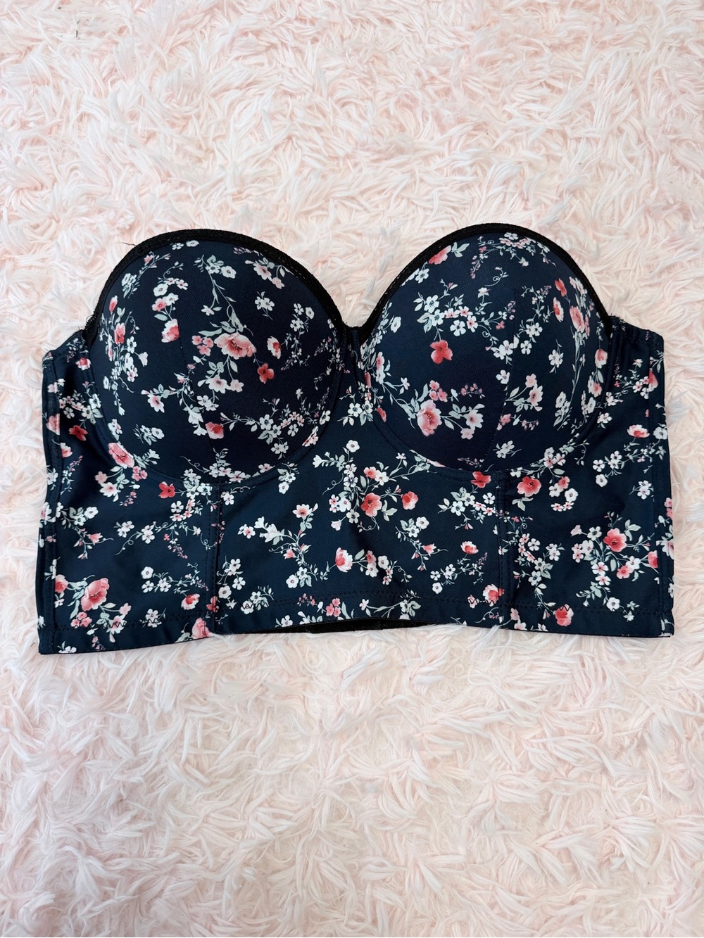 Strapless Longline Bandeau Bra in Navy with Pink Floral